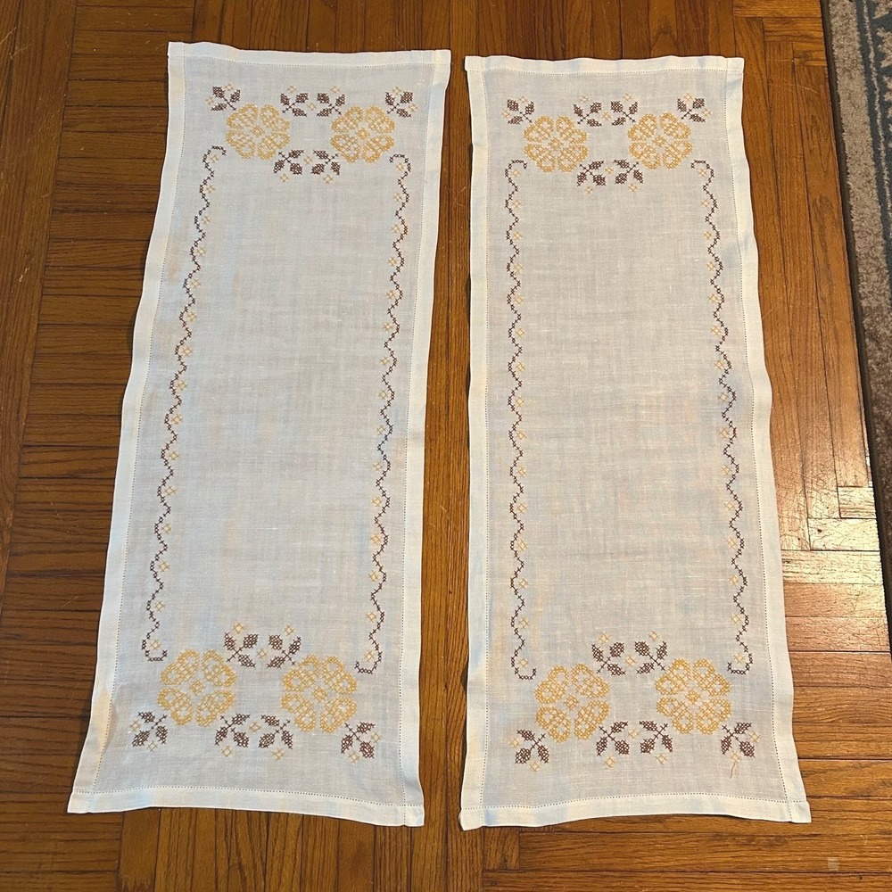 VTG Linen Cross Stitch Runner Set Floral Marigold Brown 37x14 Farmhouse Heirloom